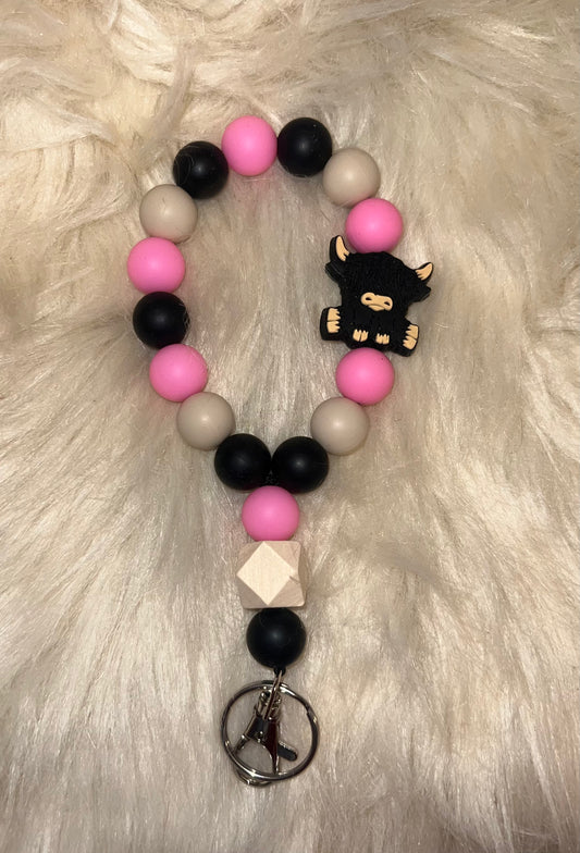 Black highland cow keychain wristlet