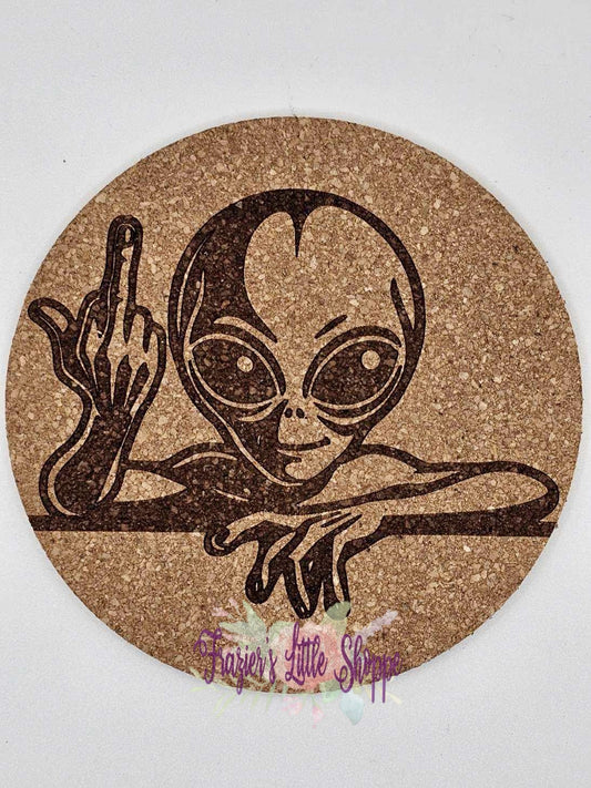 Alien Flipping off Cork Coasters