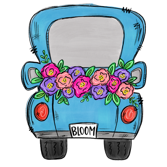 blue truck pink/purple flowers cardstock