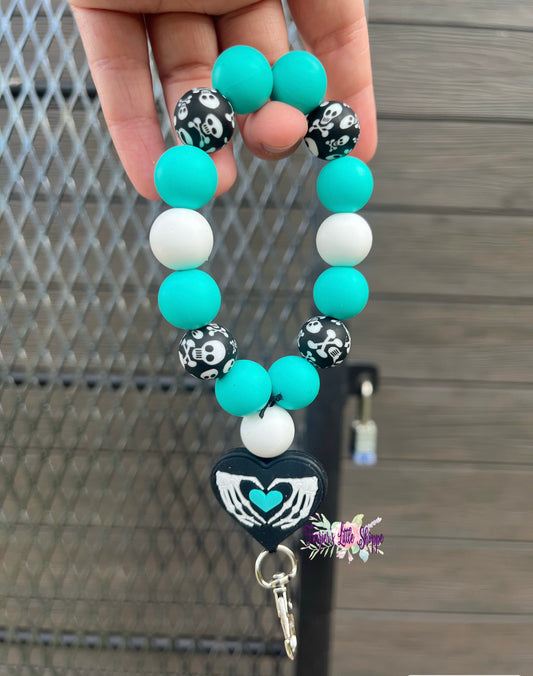 Turquoise Skull Hand Heart keychain wristlet