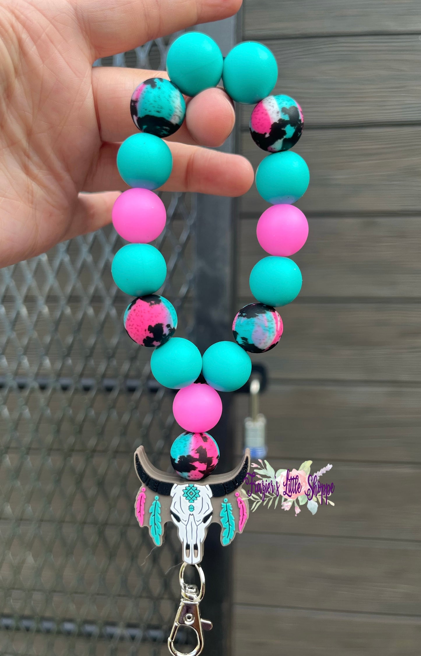 Hot Pink and Turquoise boho bull keychain wristlet